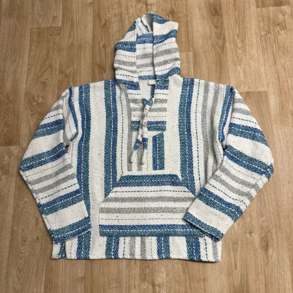 MOLINA BAJA HOODIE DRUG RUG MEXICAN PONCHO HIPPIE SIZE S BLUE CREAM STRIPED